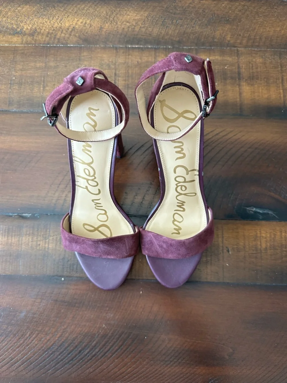 Sam Edelman Burgundy Suede Block Heel Sandals with Ankle Strap - Picture 2 of 6